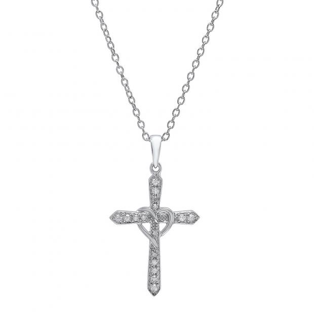 0.10 Carat (ctw) Sterling Silver Round White Diamond Ladies Cross & Heart Pendant 1/10 CT