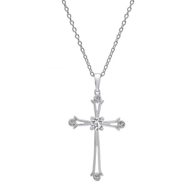 Sterling Silver 4 MM Round White Sapphire Ladies Cross Pendant