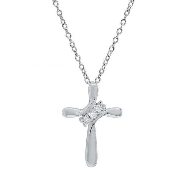 0.10 Carat (ctw) 10K White Gold Round White Diamond Ladies Looping Cross Pendant 1/10 CT