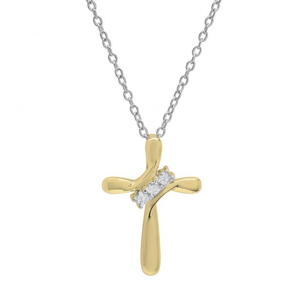 0.10 Carat (ctw) 10K Yellow Gold Round White Diamond Ladies Looping Cross Pendant 1/10 CT