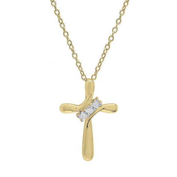0.10 Carat (ctw) 14K Yellow Gold Round White Diamond Ladies Looping Cross Pendant 1/10 CT