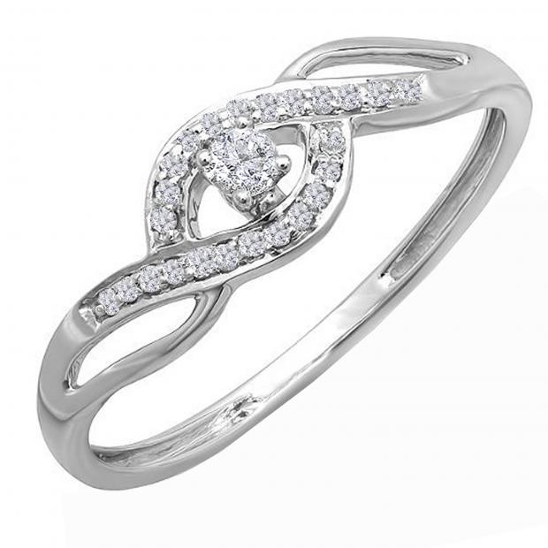 0.12 Carat (ctw) 10K White Gold Round Diamond Ladies Bridal Criss Cross Engagement Promise Ring