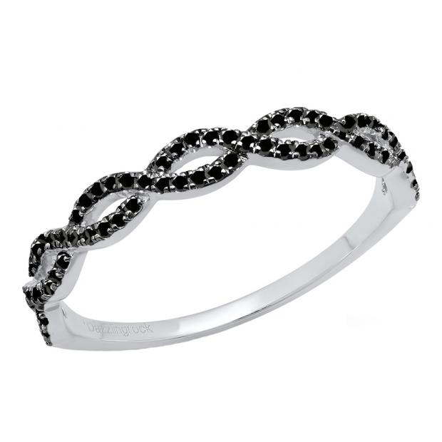 0.20 Carat (ctw) 10K White Gold Round Black Diamond Ladies Swirl Anniversary Wedding Band Stackable Ring 1/5 CT