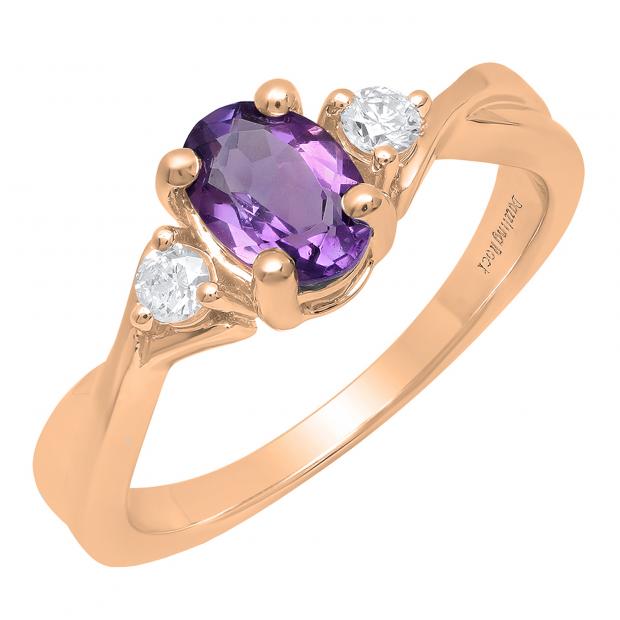 10K Rose Gold 7X5 MM Oval Amethyst & Round White Diamond Ladies Engagement 3 Stone Ring