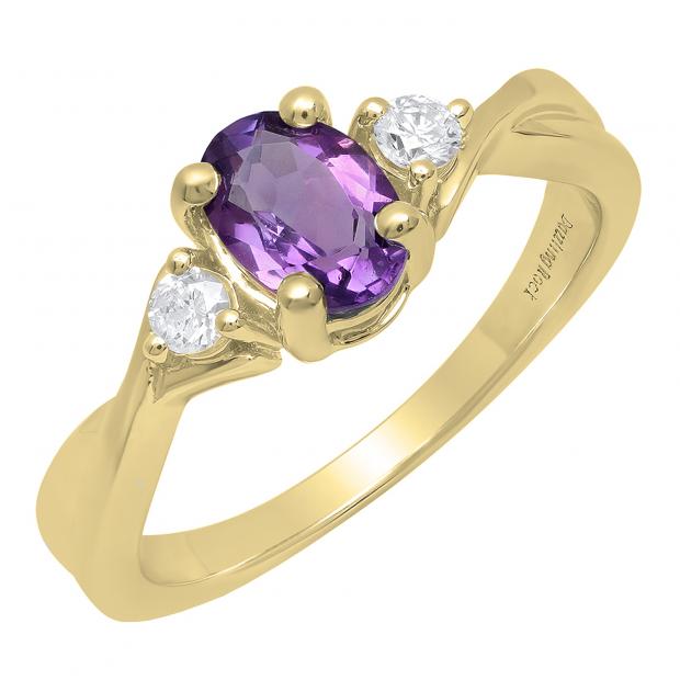 18K Yellow Gold 7X5 MM Oval Amethyst & Round White Diamond Ladies Engagement 3 Stone Ring