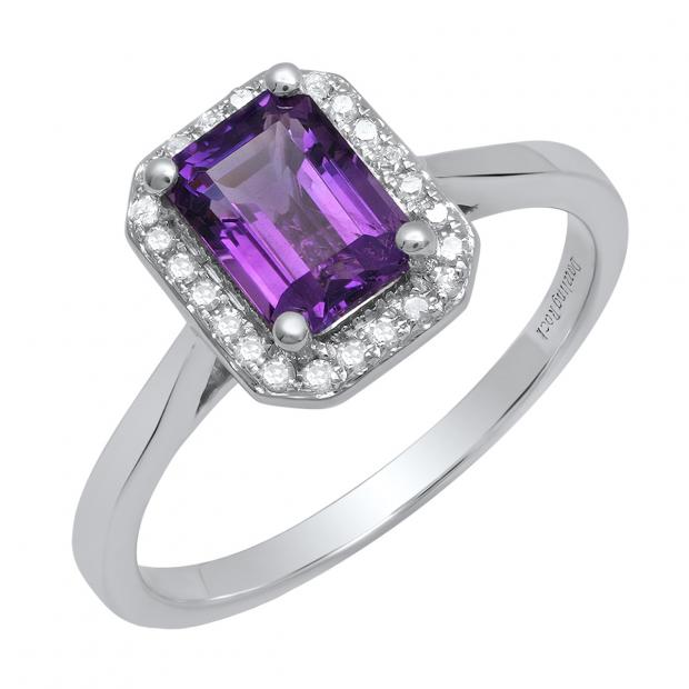 18K White Gold 7X5 MM Emerald Amethyst And Round Diamond Ladies Bridal Engagement Ring