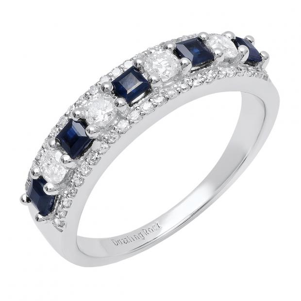 10K White Gold Princess Blue Sapphire & Round White Diamond Ladies Anniversary Wedding Band