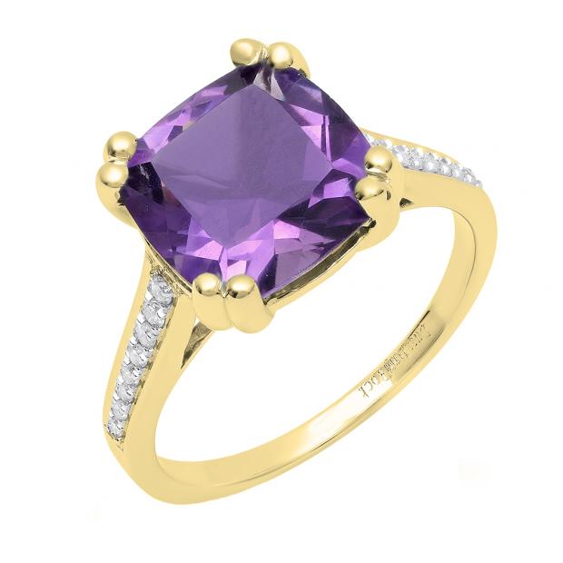 10K Yellow Gold 10 MM Cushion Amethyst And Round White Diamond Bridal Engagement Ring