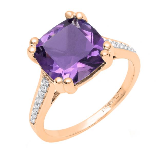 14K Rose Gold 10 MM Cushion Amethyst And Round White Diamond Bridal Engagement Ring
