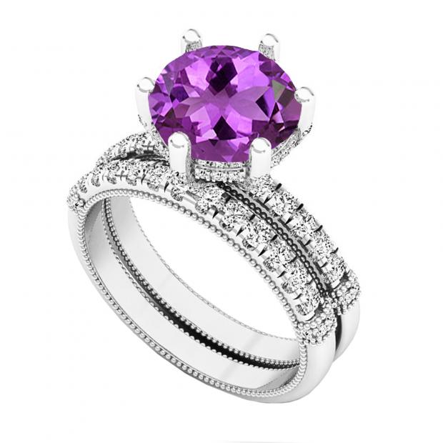 10K White Gold 8.5 MM Round Amethyst & Diamond Ladies Vintage Engagement Ring Set