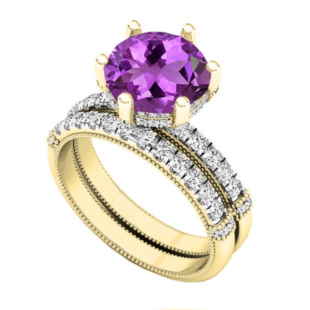 10K Yellow Gold 8.5 MM Round Amethyst & Diamond Ladies Vintage Engagement Ring Set