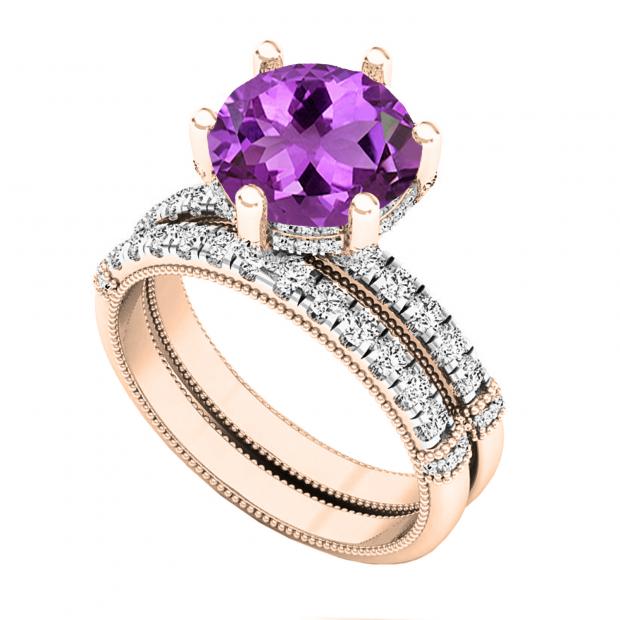 18K Rose Gold 8.5 MM Round Amethyst & Diamond Ladies Vintage Engagement Ring Set