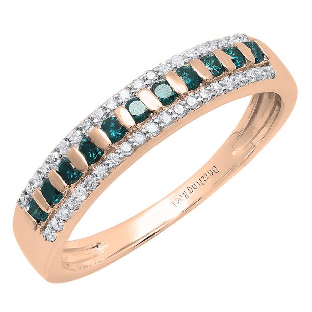 0.40 Carat (ctw) 10K Rose Gold Round Blue & White Diamond Ladies Wedding Band