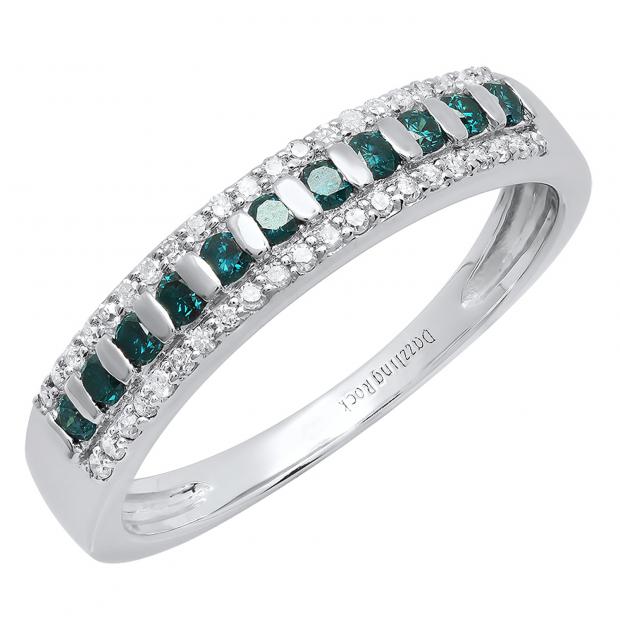 0.40 Carat (ctw) 10K White Gold Round Blue & White Diamond Ladies Wedding Band
