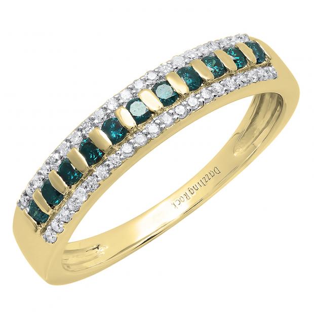 0.40 Carat (ctw) 10K Yellow Gold Round Blue & White Diamond Ladies Wedding Band