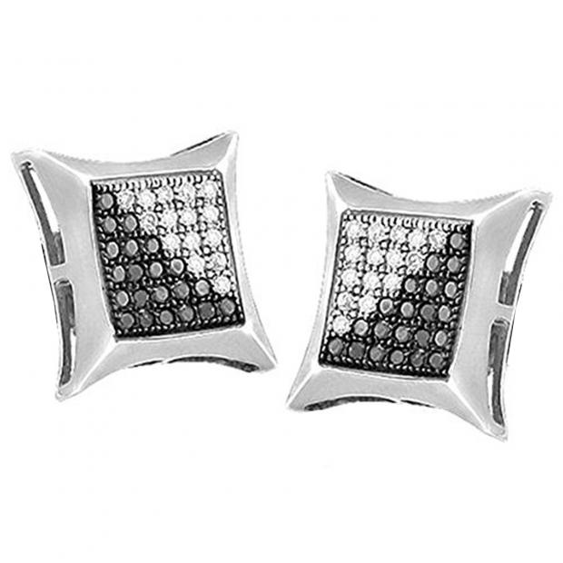 0.30 Carat (ctw) Sterling Silver Black & White Diamond Kite Shape Mens Iced Stud Earrings 1/3 CT