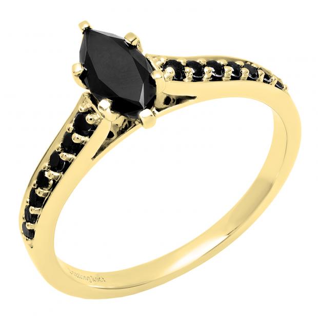 0.95 Carat (Ctw) 10K Yellow Gold Marquise & Round Black Diamond Ladies Bridal Engagement Ring