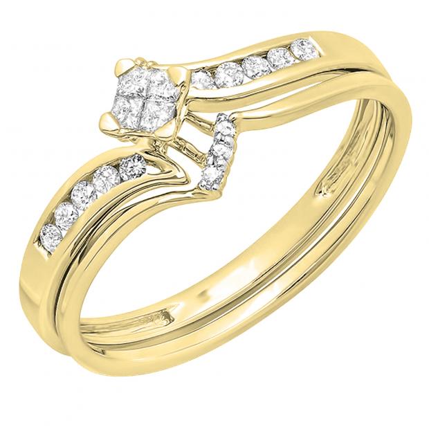 0.24 Carat (ctw) 10K Yellow Gold Princess & Round Diamond Ladies Bridal Wedding Ring Set 1/4 CT
