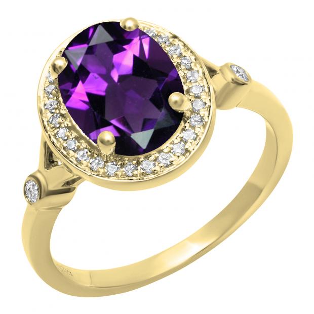 10K Yellow Gold 9X7 MM Oval Amethyst & Round Diamond Bridal Engagement Ring