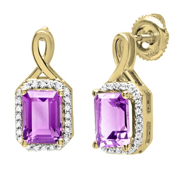 10K Yellow Gold 7X5 MM Emerald Amethyst & Round Diamond Ladies Infinity Drop Earrings