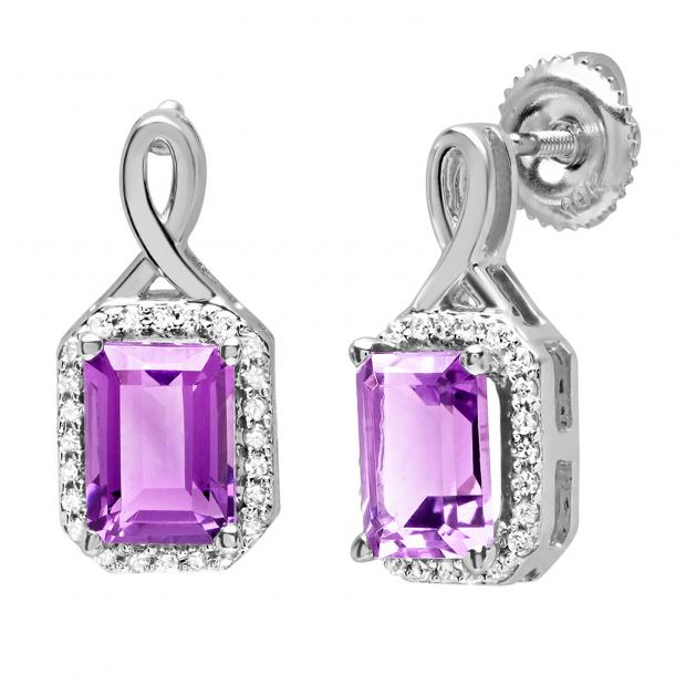 14K White Gold 7X5 MM Emerald Amethyst & Round Diamond Ladies Infinity Drop Earrings