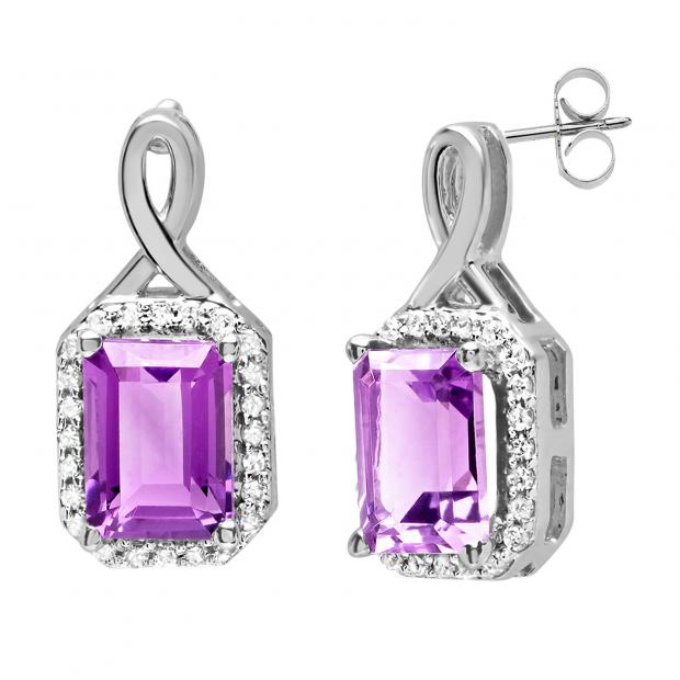 18K White Gold 7X5 MM Emerald Amethyst & Round Diamond Ladies Infinity Drop Earrings