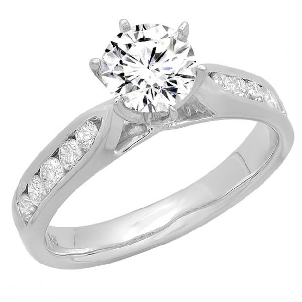 1.00 Carat (ctw) 14K White Gold Round White Diamond Ladies Bridal Engagement Ring 1 CT