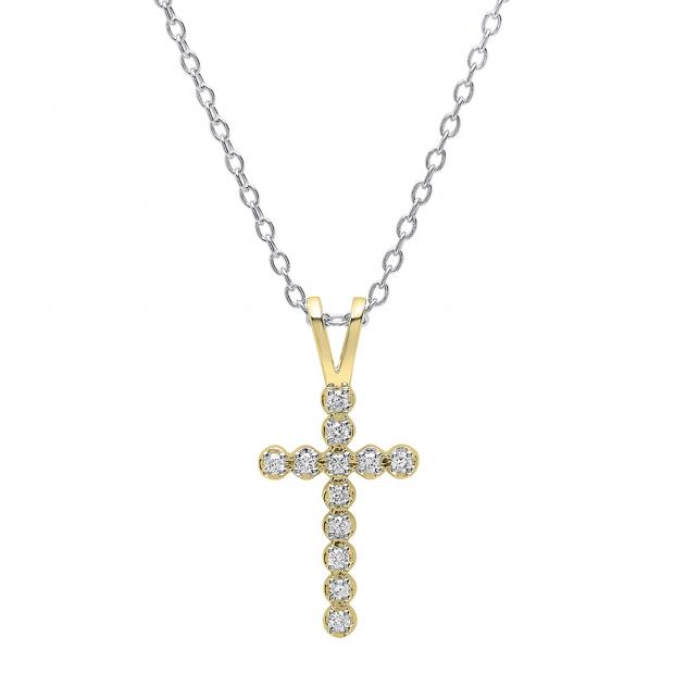 0.15 Carat (ctw) 14K Yellow Gold Round Diamond Ladies Cross Pendant (Silver Chain Included)