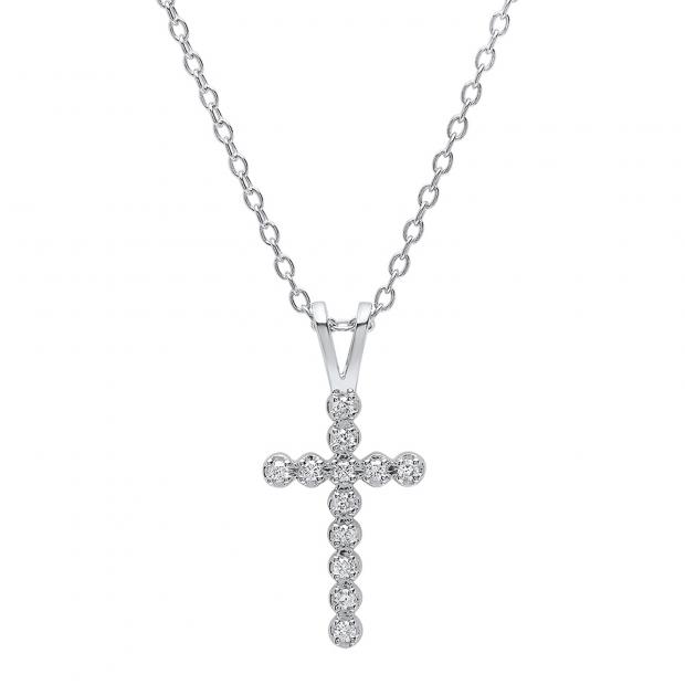 0.15 Carat (ctw) 10K White Gold Round Diamond Ladies Cross Pendant (Gold Chain Included)