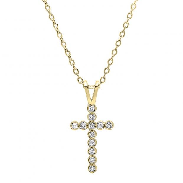 0.15 Carat (ctw) 14K Yellow Gold Round Diamond Ladies Cross Pendant (Gold Chain Included)