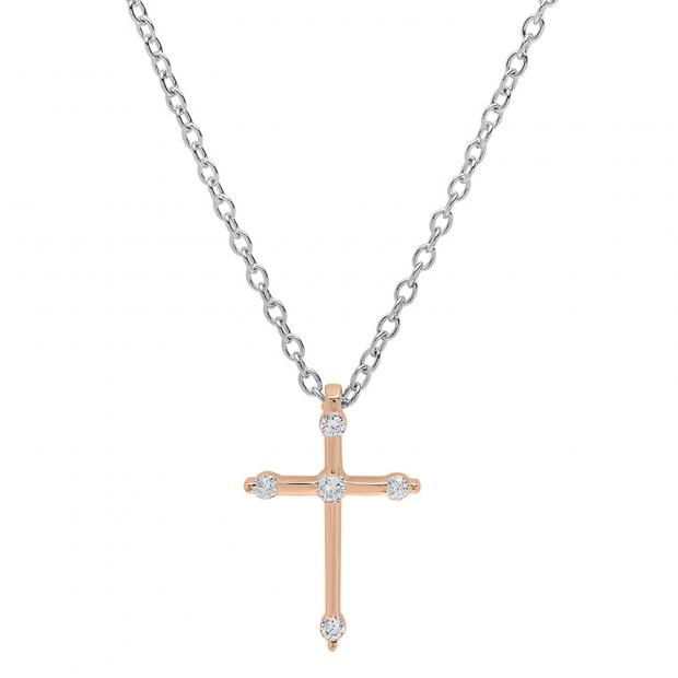 0.15 Carat (ctw) 18K Rose Gold Round Diamond Ladies Cross Pendant (Silver Chain Included)