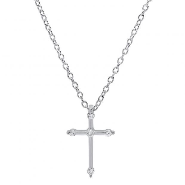 0.15 Carat (ctw) 18K White Gold Round Diamond Ladies Cross Pendant (Silver Chain Included)