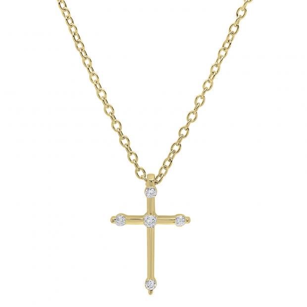 0.15 Carat (ctw) 10K Yellow Gold Round Diamond Ladies Cross Pendant (Gold Chain Included)