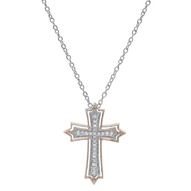 0.20 Carat (ctw) 10K Rose Gold Round Diamond Ladies Cross Pendant 1/5 CT (Silver Chain Included)