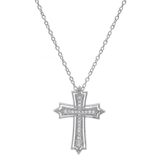 0.20 Carat (ctw) 10K White Gold Round Diamond Ladies Cross Pendant 1/5 CT (Silver Chain Included)
