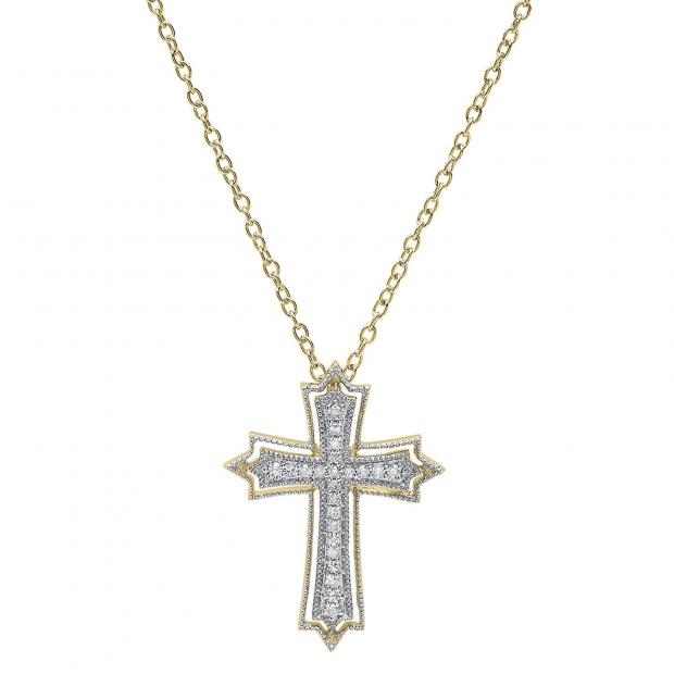 0.20 Carat (ctw) 10K Yellow Gold Round Diamond Ladies Cross Pendant 1/5 CT (Gold Chain Included)