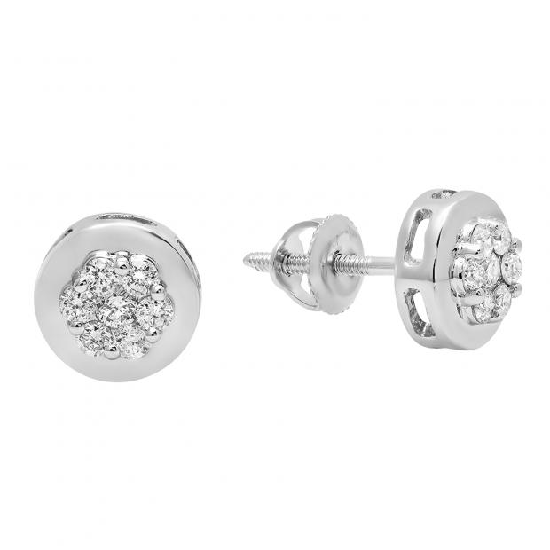 0.30 Carat (ctw) 10K White Gold Round White Diamond Ladies Cluster Stud Earrings 1/3 CT