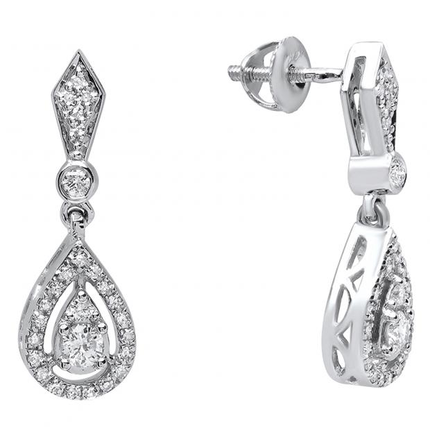 0.35 Carat (ctw) 18K White Gold Round White Diamond Ladies Dangling Drop Earrings 1/3 CT