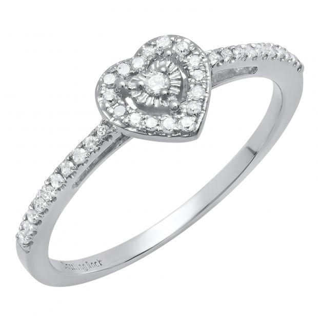0.15 Carat (ctw) 10K White Gold Round White Diamond Ladies Heart Promise Engagement Ring