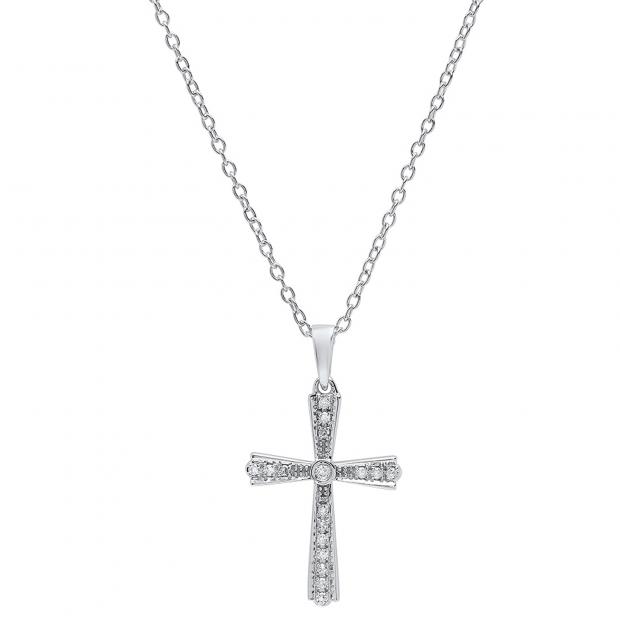 0.15 Carat (ctw) 10K White Gold Round Diamond Ladies Cross Pendant (Silver Chain Included)