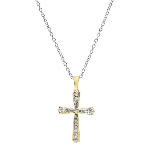 0.15 Carat (ctw) 10K Yellow Gold Round Diamond Ladies Cross Pendant (Silver Chain Included)