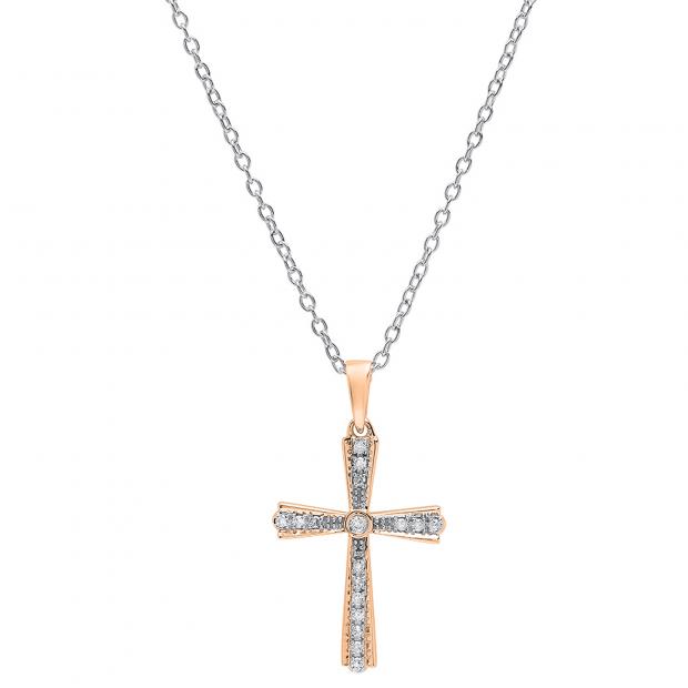 0.15 Carat (ctw) 14K Rose Gold Round Diamond Ladies Cross Pendant (Silver Chain Included)