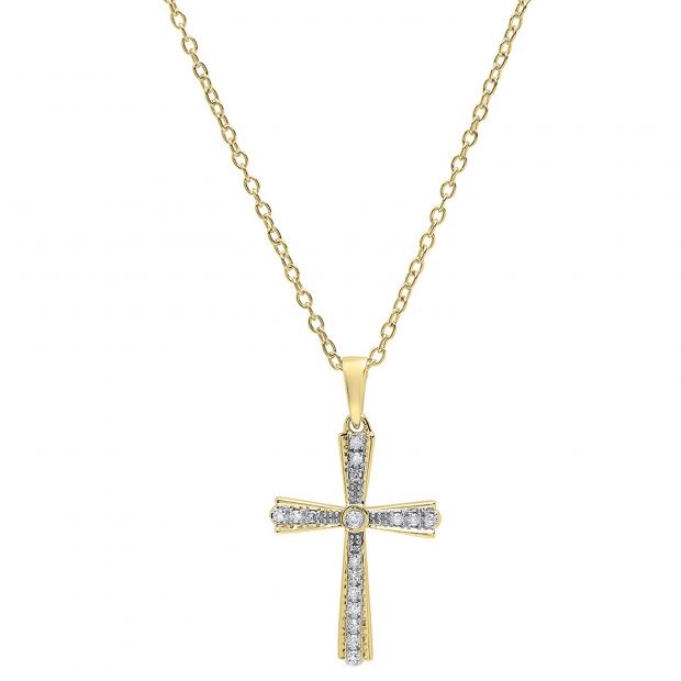0.15 Carat (ctw) 10K Yellow Gold Round Diamond Ladies Cross Pendant (Gold Chain Included)