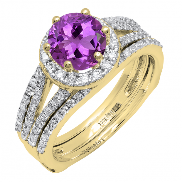 14K Yellow Gold 6.5 MM Round Amethyst & White Diamond Bridal Engagement Ring Set