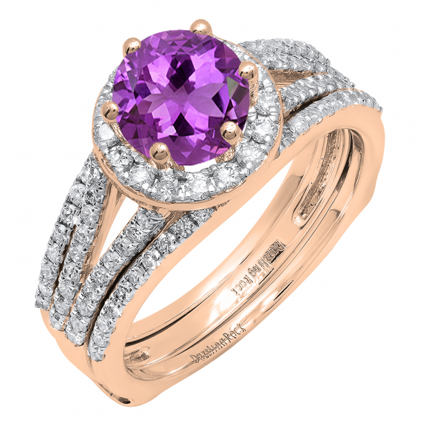 18K Rose Gold 6.5 MM Round Amethyst & White Diamond Bridal Engagement Ring Set