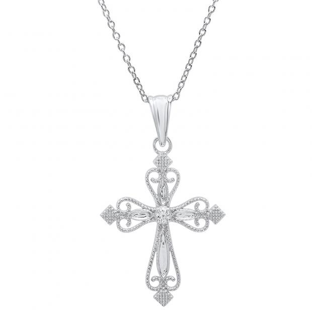 0.10 Carat (ctw) 14K White Gold Round White Diamond Ladies Vintage Style Cross Pendant 1/10 CT