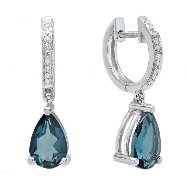 14K White Gold 9X6 MM Each Pear London Blue Topaz & Round Diamond Ladies Dangling Drop Earrings