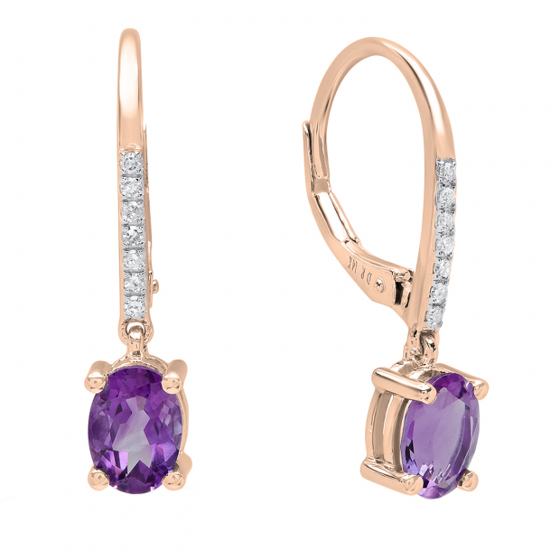 10K Rose Gold 7X5 MM Each Oval Amethyst & Round White Diamond Ladies Dangling Drop Earrings
