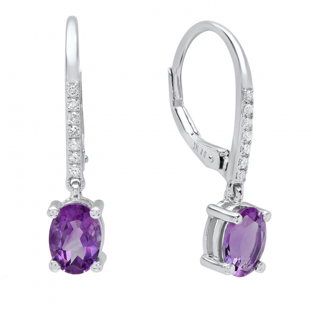 10K White Gold 7X5 MM Each Oval Amethyst & Round White Diamond Ladies Dangling Drop Earrings