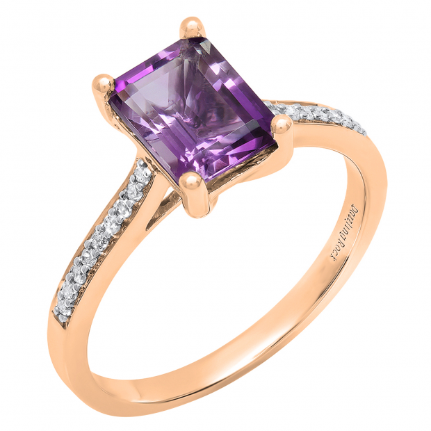 14K Rose Gold 8X6 MM Emerald Amethyst & Round White Diamond Ladies Bridal Engagement Ring